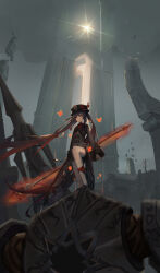 Rule 34 | 1girl, 1other, absurdres, black hair, black shorts, character request, chinese clothes, commentary request, defeat, gate, genshin impact, hair between eyes, hat, highres, holding, holding polearm, holding weapon, hu tao (genshin impact), kneehighs, long hair, long sleeves, looking at viewer, outdoors, polearm, porkpie hat, qixia, red eyes, short shorts, shorts, sidelocks, socks, solo, staff of homa (genshin impact), stomping, symbol-shaped pupils, twintails, weapon, white socks, wide sleeves