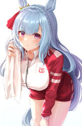 Rule 34 | 1girl, absurdres, animal ears, blue hair, blush, braid, breasts, commentary request, cowboy shot, crown braid, highres, holding, holding towel, horse ears, horse girl, horse tail, jacket, large breasts, long hair, long sleeves, looking at viewer, mejiro ardan (umamusume), parted lips, partially unzipped, purple eyes, red jacket, red shorts, short shorts, shorts, simple background, sky cappuccino, solo, sweat, tail, towel, umamusume, very long hair, white background