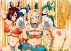 Rule 34 | 3girls, animal ears, animal hands, arched back, arm behind head, ass, ass tattoo, bare shoulders, bell, bikini, bikini top only, blonde hair, blue bikini, blue eyes, boku no hero academia, boots, breasts, brown eyes, brown hair, cameltoe, cat ears, cat tail, cleavage, commentary, crazy smile, english commentary, eyelashes, facial mark, fake tail, from behind, gloves, green hair, half-closed eyes, hand on own thigh, headgear, highres, large breasts, leaning forward, legs together, long hair, looking at viewer, looking back, mandalay (boku no hero academia), multiple girls, navel, neck bell, open mouth, orange background, paw gloves, pixie-bob (boku no hero academia), ragdoll (boku no hero academia), ringed eyes, short hair, smile, sparkle background, stomach, swept bangs, swimsuit, tail, thigh strap, thighhighs, thighs, tinted eyewear, tongue, underboob, visor, whisker markings, white background, white gloves, wide-eyed, yamamoto doujin, yellow bikini, yellow eyes