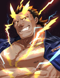 Rule 34 | 1boy, bara, bare pectorals, black background, brown eyes, commentary, dark-skinned male, dark skin, facial hair, grin, highres, jacket, jacket on shoulders, large pectorals, lightning, looking at viewer, low ponytail, male focus, muscular, muscular male, nipples, pectorals, smile, solo, stubble, sumi wo hakuneko, taishakuten (housamo), tokyo houkago summoners, translation request, twitter username, upper body, veins