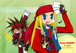 Rule 34 | axl low, bandana, belt, blonde hair, blue eyes, brown hair, chibi, denim vest, forehead protector, guilty gear, guilty gear x, high ponytail, kinomin, long hair, male focus, multiple belts, oversized zipper, photo (object), record, red bandana, sol badguy, spiked hair, tank top, vest