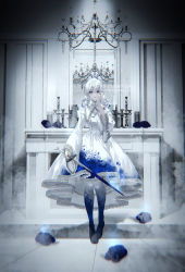Rule 34 | 1girl, absurdres, artist name, blue eyes, bow, candlestand, chandelier, collared dress, dress, hair bow, hand on own cheek, hand on own face, highres, holding, holding knife, indoors, knife, lace, lace-trimmed dress, lace-trimmed sleeves, lace trim, long sleeves, looking at viewer, low twintails, mirror, nekoyama iori, original, pale skin, smile, smoke, solo, twintails, two-tone dress, white hair, white theme, wide sleeves
