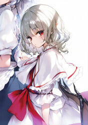Rule 34 | 2girls, absurdres, apron, ascot, bat wings, blush, bow, braid, breasts, brooch, capelet, dress, eyelashes, eyes visible through hair, frilled capelet, frills, from side, grey hair, hair between eyes, highres, izayoi sakuya, jewelry, ke-ta, large bow, looking at viewer, maid, maid apron, maid headdress, medium breasts, multiple girls, nail polish, parted lips, pointy ears, puffy short sleeves, puffy sleeves, red bow, red eyes, red nails, red ribbon, remilia scarlet, ribbon, ribbon-trimmed sleeves, ribbon trim, scan, short sleeves, simple background, touhou, twin braids, upper body, waist apron, white background, white capelet, wings