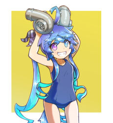Rule 34 | 1girl, @ @, ahoge, animal ears, aqua hair, arms up, blue eyes, blue hair, blue one-piece swimsuit, border, bow, commentary, cowboy shot, crossed bangs, grin, hair bow, heterochromia, holding, horse ears, horse girl, horse tail, long hair, looking at viewer, multicolored hair, name connection, object namesake, one-piece swimsuit, outside border, purple eyes, school swimsuit, sharp teeth, sidelocks, simple background, smile, solo, striped bow, sui san san, swimsuit, tail, teeth, turbocharger, twin turbo (umamusume), twintails, two-tone hair, umamusume, very long hair, white border, yellow background