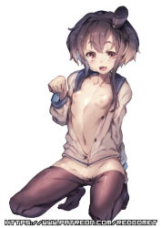 Rule 34 | 10s, 1girl, clothes pull, collarbone, female focus, full body, hair between eyes, hat, kantai collection, kneeling, long hair, long sleeves, looking at viewer, mini hat, navel, nipples, no panties, open mouth, pantyhose, pantyhose pull, patreon username, pussy, redcomet, simple background, solo, tokitsukaze (kancolle), uncensored, watermark, web address, white background