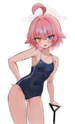 Rule 34 | 1girl, ahoge, blue archive, blue eyes, blue one-piece swimsuit, breasts, covered navel, hair between eyes, halo, heterochromia, highres, hoshino (blue archive), hoshino (young) (blue archive), looking at viewer, one-piece swimsuit, open mouth, pink hair, school swimsuit, short hair, simple background, small breasts, solo, swimsuit, white background, white halo, xanax025, yellow eyes