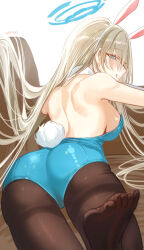 Rule 34 | 1girl, animal ear hairband, animal ears, aqua leotard, artist name, ass, asuna (blue archive), asuna (bunny) (blue archive), back, black pantyhose, blue archive, blush, breasts, detached collar, fake animal ears, fake tail, foot up, from behind, halo, haruri, highres, large breasts, leotard, light brown hair, long hair, looking at viewer, looking back, official alternate costume, pantyhose, playboy bunny, rabbit ear hairband, rabbit ears, rabbit tail, sideboob, simple background, smile, solo, strapless, strapless leotard, tail, toes, very long hair, white background