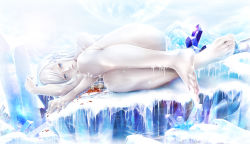 Rule 34 | 1girl, absurdres, bad id, bad pixiv id, barefoot, blue eyes, bouno satoshi, feet, frozen, hair ornament, highres, ice, icicle, lens flare, lips, long hair, looking at viewer, lying, nude, on side, original, silver hair, snow, solo, toes