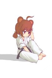 Rule 34 | 1girl, absurdres, ahoge, animal ears, barefoot, belt, blush, brown hair, closed mouth, commentary request, dougi, feet, highres, karate gi, kuma-bound, on ground, original, pants, purple belt, red eyes, shirt, short sleeves, short twintails, simple background, sitting, solo, toes, twintails, white background, white pants, white shirt