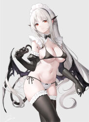 Rule 34 | 1girl, bikini, black bikini, black bow, black bowtie, black gloves, black thighhighs, bow, bowtie, breasts, cleavage, closed mouth, commentary request, elbow gloves, gloves, grey background, grey hair, haori io, highres, large breasts, long hair, looking at viewer, low wings, maid headdress, original, paid reward available, red eyes, side-tie bikini bottom, simple background, smile, solo, swimsuit, thighhighs, thighs, underboob, white hair, white headwear, wings