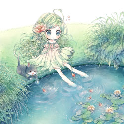 Rule 34 | 1girl, animal, barefoot, black cat, blush, cat, collarbone, dress, fish, flower, grass, green eyes, green hair, hair flower, hair ornament, highres, lily pad, long hair, lying, niwako, on stomach, open mouth, original, outdoors, plant, pond, puckered lips, ripples, sitting, sleeves past wrists, swept bangs, very long hair, vines, water, white dress