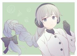 Rule 34 | 1girl, black bow, black gloves, black undershirt, border, bow, braid, braided ponytail, breasts, circle, closed mouth, coat, collared coat, commentary request, earmuffs, expressionless, floating hair, gloves, green background, grey eyes, grey hair, hair bow, hand up, highres, large breasts, long hair, long sleeves, looking at viewer, missou shiro, outside border, sekka yufu, simple background, solo, square, triangle, turtleneck, upper body, utau, white border, white coat, winter clothes, winter coat