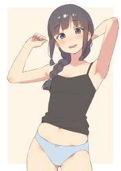 Rule 34 | 1girl, alternate costume, arm behind head, armpits, arms up, black camisole, black eyes, black hair, blue panties, blunt bangs, blush, border, bow, bow panties, braid, breasts, camisole, collarbone, commentary request, cowboy shot, hair over shoulder, highres, kantai collection, kitakami (kancolle), long hair, looking at viewer, low-tied sidelocks, midriff, navel, no pants, open mouth, orange background, outside border, panties, sakieko, sidelocks, simple background, single braid, small breasts, solo, standing, thighs, underwear, white border