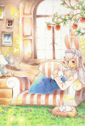 Rule 34 | 1girl, :o, akagi kurage, animal, animal ears, animal on chest, apple, apple tree, blue footwear, bobby socks, bug, butterfly, couch, detached collar, detached sleeves, drawing (object), dress, flower, food, fruit, grass, hair ribbon, hairband, highres, indoors, insect, lamp, light purple hair, lolita hairband, long hair, looking to the side, marker (medium), millipen (medium), on couch, original, pillow, rabbit, rabbit ears, reclining, red eyes, ribbon, shoes, socks, solo, striped clothes, striped dress, traditional media, tree, tress ribbon, window, windowsill