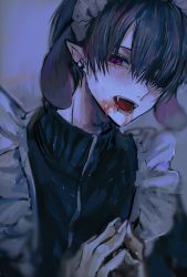 Rule 34 | 1boy, animal ears, apron, bad id, bad pixiv id, black hair, black jacket, blood, blood from mouth, blood on face, crossdressing, ear piercing, fangs, fingers together, frilled apron, frills, grey background, hair between eyes, hair over one eye, highres, hzk (user kemd2843), jacket, long sleeves, maid, maid headdress, male focus, original, piercing, pink eyes, pointy ears, simple background, solo, upper body
