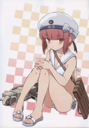 Rule 34 | 10s, 1girl, absurdres, aka ringo, bag, beret, bikini, brown eyes, brown hair, checkered background, cross, feet, hands on own knees, hat, highres, interlocked fingers, iron cross, kantai collection, military, military hat, peaked cap, sailor bikini, sailor collar, sailor hat, sandals, scan, short hair, shoulder bag, sitting, solo, swimsuit, toes, weapon, white bikini, white hat, z3 max schultz (kancolle)