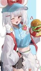 Rule 34 | 1girl, absurdres, animal, animal ears, animal on shoulder, apron, baseball cap, black shorts, blue hat, blue hoodie, blush, breasts, burger, cowboy shot, cropped hoodie, fake animal ears, food, granblue fantasy, grey hair, hair ornament, hairclip, hand on own hip, hat, highres, holding, holding plate, hood, hoodie, jacket, long sleeves, looking at viewer, midriff, mini flag, mouse (animal), mouse ears, navel, official alternate costume, one eye closed, open clothes, open jacket, open mouth, plate, red eyes, shiro wa (shiroshironix), short hair, short shorts, shorts, simple background, small breasts, smile, solo, vikala (granblue fantasy), waist apron, white background, white jacket