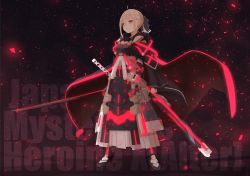 Rule 34 | 1girl, ahoge, armor, armored dress, artoria pendragon (fate), text background, black cape, black dress, black footwear, black ribbon, blonde hair, cape, closed mouth, commentary request, dress, english text, fate/grand order, fate (series), force (fossan 01), glowing, glowing sword, glowing weapon, greaves, hair ribbon, highres, holding, holding sword, holding weapon, japanese clothes, katana, light particles, long dress, long sleeves, looking to the side, medium hair, mysterious heroine x alter (fate), orange eyes, partial commentary, ribbon, scabbard, sheath, sidelocks, solo, standing, sword, weapon, wind