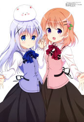 Rule 34 | 2girls, :3, :d, absurdres, animal, animal on head, black ribbon, black skirt, blue bow, blue bowtie, blue eyes, blue hair, blush, bow, bowtie, breasts, buttons, closed mouth, flat chest, flower, from side, gochuumon wa usagi desu ka?, hair flower, hair ornament, hairclip, hand up, highres, holding hands, hoto cocoa, interlocked fingers, kafuu chino, light blue hair, light smile, long hair, long skirt, long sleeves, looking at viewer, megami magazine, multiple girls, official art, on head, open mouth, orange hair, outstretched arm, pink bow, pink bowtie, purple eyes, rabbit, rabbit house uniform, rabbit on head, ribbon, sakano hikari, shirt, short hair, simple background, skirt, small breasts, smile, standing, tippy (gochiusa), tippy (gochuumon wa usagi desuka?), uniform, vest, waitress, white background, white shirt, x hair ornament