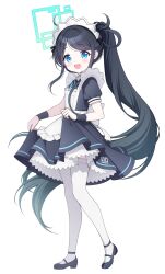 Rule 34 | 1girl, absurdres, apron, aris (blue archive), aris (maid) (blue archive), black dress, black footwear, black hair, blue archive, blue eyes, blush, dress, frilled apron, frills, full body, gradient hair, halo, highres, long hair, looking at viewer, maid, maid headdress, multicolored hair, na1tsu2me3, open mouth, ponytail, shoes, short sleeves, side ponytail, simple background, solo, teeth, thighhighs, upper teeth only, very long hair, white apron, white background, white thighhighs