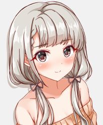 Rule 34 | 1girl, bad id, bad pixiv id, bare shoulders, black bow, black ribbon, blush, bow, braid, braided bangs, breasts, brown eyes, brown sweater, closed mouth, collarbone, commentary, grey background, hair ribbon, heart, heart-shaped pupils, hisakawa nagi, idolmaster, idolmaster cinderella girls, light smile, long hair, looking at viewer, low twintails, naruse nagi, off-shoulder sweater, off shoulder, ribbon, shadow, silver hair, simple background, small breasts, smile, solo, sweater, symbol-shaped pupils, twintails