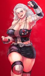 Rule 34 | 1girl, bare shoulders, breasts, cleavage, dorohedoro, highres, large breasts, long hair, looking at viewer, muscular, muscular female, noi (dorohedoro), open mouth, red eyes, silver hair, smile, solo, sonparesu, wide hips