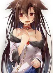 Rule 34 | 1girl, animal ears, bare shoulders, blush, breasts, brooch, brown eyes, brown hair, collar, commentary request, efe, female focus, gradient background, hand on own chest, imaizumi kagerou, jewelry, large breasts, leash, long hair, long sleeves, looking away, off shoulder, open mouth, pov, shirt, shirt tug, skirt, solo, touhou, very long hair, wavy mouth, werewolf, wide sleeves, wolf ears