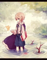 Rule 34 | 1boy, alicemare, allen llewellyn, blonde hair, blue eyes, blue shorts, bug, butterfly, cape, facing to the side, highres, in water, insect, leaf, long sleeves, looking down, male focus, orange butterfly, purple cape, shiro kunugi, shirt, short hair, shorts, solo, suspenders, tearing up, tree, white shirt