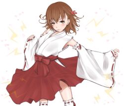 Rule 34 | 1girl, :3, alternate costume, bare shoulders, blush, bow, brown eyes, brown hair, commentary request, detached sleeves, dot nose, feet out of frame, hair between eyes, hakama, hakama skirt, hand up, head tilt, heart, japanese clothes, kosode, lightning bolt symbol, long sleeves, looking at viewer, medium hair, medium skirt, misaka mikoto, nontraditional miko, outstretched arm, parted lips, pink heart, pink lips, pleated skirt, red bow, red skirt, shin (highest1192), skirt, sleeves past wrists, smile, solo, standing, thighs, toaru kagaku no railgun, toaru majutsu no index, white background, white sleeves, wide sleeves