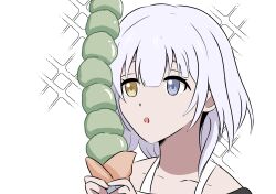 Rule 34 | 1girl, :o, bang dream!, bang dream! it&#039;s mygo!!!!!, blue eyes, collarbone, commentary, hashtag-only commentary, heterochromia, highres, holding, holding ice cream cone, ice cream cone, kaname raana, matcha (food), open mouth, rienz, simple background, solo, sparkle, upper body, white background, white hair, yellow eyes