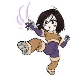 Rule 34 | 1girl, alita, battle angel alita, black hair, boltcreature, brown eyes, clenched hand, commentary, covered erect nipples, covered navel, cyborg, english commentary, highres, jacket, mechanical arms, open mouth, outstretched hand, simple background, solo, standing, standing on one leg, white background