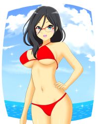 Rule 34 | 10s, 1girl, bikini, black hair, blue eyes, blue sky, blush, breasts, cloud, glasses, hand on own hip, hibike! euphonium, highres, jophiel, large breasts, long hair, looking at viewer, open mouth, red-framed eyewear, red bikini, sky, smile, solo, sparkle, swimsuit, tanaka asuka, underboob, water