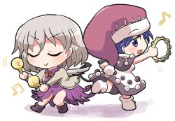 Rule 34 | 2girls, arm up, arms up, black dress, black sleeves, blue eyes, blue hair, boots, bow, brown footwear, closed eyes, closed mouth, collar, doremy sweet, dress, hair between eyes, hand up, hands up, hat, holding, instrument, jacket, kishin sagume, leg up, long sleeves, looking at another, maracas, multiple girls, musical note, no headwear, open mouth, pom pom (clothes), purple dress, red bow, red headwear, red neckwear, rokugou daisuke, shadow, short hair, short sleeves, silver hair, simple background, single wing, standing, standing on one leg, tambourine, touhou, white background, white dress, white footwear, white jacket, white sleeves, wings