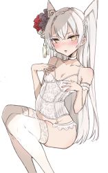 Rule 34 | 1girl, alternate costume, amatsukaze (kancolle), breasts, chigasaki yukari, commentary request, feet out of frame, flower, hair flower, hair ornament, highres, invisible chair, kantai collection, long hair, looking at viewer, silver hair, simple background, sitting, small breasts, solo, thighhighs, two side up, underwear, underwear only, white background, yellow eyes