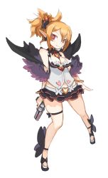 Rule 34 | 1girl, :d, arceonn, black skirt, blonde hair, bracelet, breasts, bright pupils, cleavage, cosplay, crown, disgaea, earrings, feather boa, full body, gun, highres, jewelry, lots of jewelry, makai senki disgaea 2, makai senki disgaea 5, mini crown, miniskirt, necktie, open mouth, pointy ears, red eyes, rozalin, seraphina (disgaea), seraphina (disgaea) (cosplay), seraphine, seraphine (cosplay), shoes, short hair, skirt, smile, solo, standing, weapon, white background, wide hips