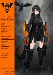 Rule 34 | 1girl, bad id, bad pixiv id, bird, black hair, character profile, cyberpunk, earrings, eyepatch, highres, jewelry, looking at viewer, mecha musume, mechanical arms, mechanical tail, mihato senba, open mouth, orange eyes, original, prosthesis, scar, science fiction, short hair, single mechanical arm, slit pupils, solo, swept bangs, tail