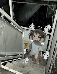 Rule 34 | 1girl, angel, angel wings, black eyes, blood, blood on clothes, blood on hands, bloody knife, blush, brown hair, cable, child, commentary request, detached wings, footprints, from above, halo, highres, holding, holding knife, indoors, ishida umi, knife, looking at viewer, mini wings, night, no pants, open mouth, original, oversized clothes, oversized shirt, rabbit, rain, shirt, shoes, short hair, short sleeves, sidelocks, sign, solo, stairs, stairwell, standing, t-shirt, twintails, walking, warning sign, white footwear, white shirt, window, wings