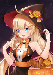 Rule 34 | 1girl, :d, ahoge, baguette, bare shoulders, basket, black hat, blonde hair, blue eyes, blush, bow, bowtie, bread, breasts, commentary, commentary request, croissant, english commentary, fang, food, fork, girls&#039; frontline, hair ornament, hairclip, halloween, halloween costume, hand on headwear, hands up, happy halloween, hat, highres, holding, holding fork, jack-o&#039;-lantern, long hair, looking at viewer, low twintails, m45 (candy express) (girls&#039; frontline), m45 (girls&#039; frontline), medium breasts, night, night sky, official alternate costume, open mouth, orange bow, orange bowtie, outdoors, pink bow, pumpkin, rabbit hair ornament, sidelocks, sky, smile, solo, star (sky), star (symbol), starry sky, sweets, tamaxi, twintails, upper body, witch hat