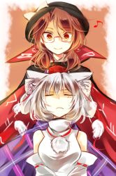 Rule 34 | 2girls, animal ears, bare shoulders, blush, bow, brown eyes, cape, clothes writing, detached sleeves, grabbing another&#039;s ear, glasses, hand on another&#039;s ear, hat, hat bow, inubashiri momiji, japanese clothes, kutsuki kai, long sleeves, low twintails, multiple girls, musical note, plaid, pom pom (clothes), quaver, red-framed eyewear, ribbon-trimmed sleeves, ribbon trim, short hair, smile, sweat, tokin hat, touhou, twintails, usami sumireko, white bow, wide sleeves, wolf ears