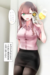 Rule 34 | 1girl, ;d, arm at side, beer can, black hair, black pantyhose, breasts, buttons, can, collared shirt, cowboy shot, cup, dress shirt, drink can, drinking glass, green eyes, hand up, heart, heart-shaped pupils, highres, indoors, long hair, looking at viewer, meme, office lady, ol-chan (oouso), one eye closed, oouso, open mouth, original, pantyhose, pencil skirt, pink shirt, shirt, short sleeves, skirt, smile, solo, speech bubble, standing, symbol-shaped pupils, they had lots of sex afterwards (meme), translated
