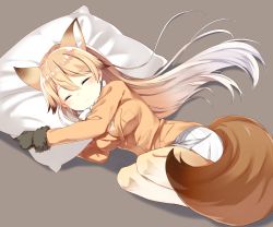 Rule 34 | 10s, 1girl, animal ears, black background, black gloves, blazer, blonde hair, blush, breast pocket, breasts, brown hair, closed mouth, closed eyes, ezo red fox (kemono friends), fox ears, fox tail, from above, from side, full body, fur trim, gloves, hair between eyes, highres, jacket, kemono friends, long hair, long sleeves, lying, medium breasts, multicolored hair, on side, pantyhose, pillow, pleated skirt, pocket, sada (sadahalu), shadow, skirt, sleeping, solo, streaked hair, tail, very long hair, wavy mouth, white hair, white skirt, yellow pantyhose