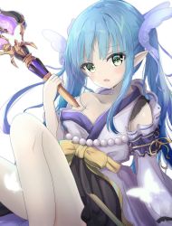 Rule 34 | 1girl, bare shoulders, blue hair, blush, bow, breasts, collarbone, detached sleeves, green eyes, hair ornament, hair ribbon, highres, holding, japanese clothes, kyoka (princess connect!), long hair, long sleeves, looking at viewer, nekonosuke, open mouth, pantyhose, pointy ears, princess connect!, ribbon, sidelocks, simple background, sitting, small breasts, solo, tears, twintails, white background, white pantyhose, wide sleeves