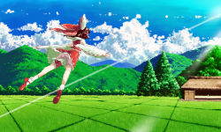 Rule 34 | 1girl, bad id, bad pixiv id, bare shoulders, bloomers, bow, brown hair, cloud, day, detached sleeves, closed eyes, female focus, field, flying, hair bow, hakurei reimu, hill, japanese clothes, matsutani, miko, nature, scenery, short hair, sky, solo, touhou, underwear, upskirt