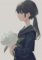 Rule 34 | 1girl, black hair, black sailor collar, black serafuku, blue eyes, bouquet, closed mouth, commentary request, expressionless, flower, from side, grey background, highres, holding, holding bouquet, long hair, long sleeves, original, ponytail, potg (piotegu), profile, sailor collar, school uniform, serafuku, simple background, solo, upper body, white flower