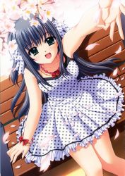 Rule 34 | 00s, 1girl, :d, absurdres, bad anatomy, bad hands, bare arms, bench, black hair, blue eyes, blush, bracelet, cherry blossoms, dress, flower, frilled dress, frills, from above, hair ribbon, highres, jewelry, long hair, necklace, nishimata aoi, open mouth, outstretched arm, petals, polka dot, polka dot dress, polka dot ribbon, poorly drawn, reaching, really? really!, ribbon, shuffle!, sitting, sleeveless, sleeveless dress, smile, solo, unmoving pattern, white dress, yae sakura