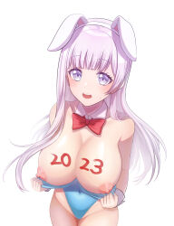 Rule 34 | 1girl, 2023, absurdres, animal ears, bare arms, bare shoulders, blue leotard, blunt bangs, blush, body writing, bow, bowtie, breasts, breasts out, cameltoe, cleavage, collarbone, commentary, covered navel, cowboy shot, d4dj, detached collar, fake animal ears, from above, groin, hairband, hands up, highleg, highleg leotard, highres, izumo saki, kzu (kougami), large breasts, leotard, leotard pull, long hair, looking at viewer, looking up, nipples, open mouth, playboy bunny, puffy nipples, pulling own clothes, purple eyes, purple hair, rabbit ears, red bow, red bowtie, simple background, solo, standing, strapless, strapless leotard, sweatdrop, teeth, upper teeth only, very long hair, white background, white hairband, wrist cuffs