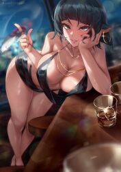 1girl absurdres animal_ears bare_shoulders black_dress black_hair breasts cleavage collarbone cup dress drinking_glass earrings grey_eyes grin highres hoop_earrings jane_doe_(zenless_zone_zero) jewelry knife large_breasts looking_at_viewer medium_hair mouse_ears mouse_girl mouse_tail necklace queasy_s short_dress smile solo tail zenless_zone_zero