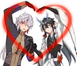 Rule 34 | 2boys, annoyed, arm up, black gloves, black hair, blue eyes, blue horns, blush, chinese clothes, closed mouth, dan feng (honkai: star rail), dan heng (honkai: star rail), dan heng (imbibitor lunae) (honkai: star rail), earrings, gloves, grey hair, hair between eyes, hair over one eye, hand up, hanfu, heart arms duo, holding hands, honkai: star rail, honkai (series), horns, jewelry, long hair, long sleeves, male focus, multiple boys, one eye covered, parted lips, pointy ears, ponytail, purple eyes, rin010mnyfzr, simple background, single earring, sweat, tassel, tassel earrings, upper body, very long hair, white background, yingxing (honkai: star rail)