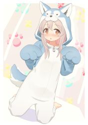 Rule 34 | 1girl, :o, absurdres, animal costume, animal ears, animal hands, barefoot, blush, brown eyes, colored inner hair, commentary request, fake animal ears, fake tail, full body, gloves, grey hair, hair between eyes, highres, hood, hood up, kneeling, long hair, looking at viewer, multicolored hair, onesie, onii-chan wa oshimai!, open mouth, oyama mahiro, paw gloves, paw print, paw print background, pink hair, solo, tail, tokoshibyra, two-tone hair, wolf costume, wolf hood, wolf tail, zipper pull tab