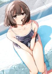 Rule 34 | 1girl, bare legs, between legs, black one-piece swimsuit, breasts, brown eyes, brown hair, closed mouth, collarbone, commentary request, competition school swimsuit, hair blowing, hand between legs, harukana receive, higa kanata, highres, light rays, looking at viewer, nyoijizai, one-piece swimsuit, outdoors, school swimsuit, short hair, sitting, small breasts, smile, solo, stone wall, sunbeam, sunlight, swimsuit, thighs, wall
